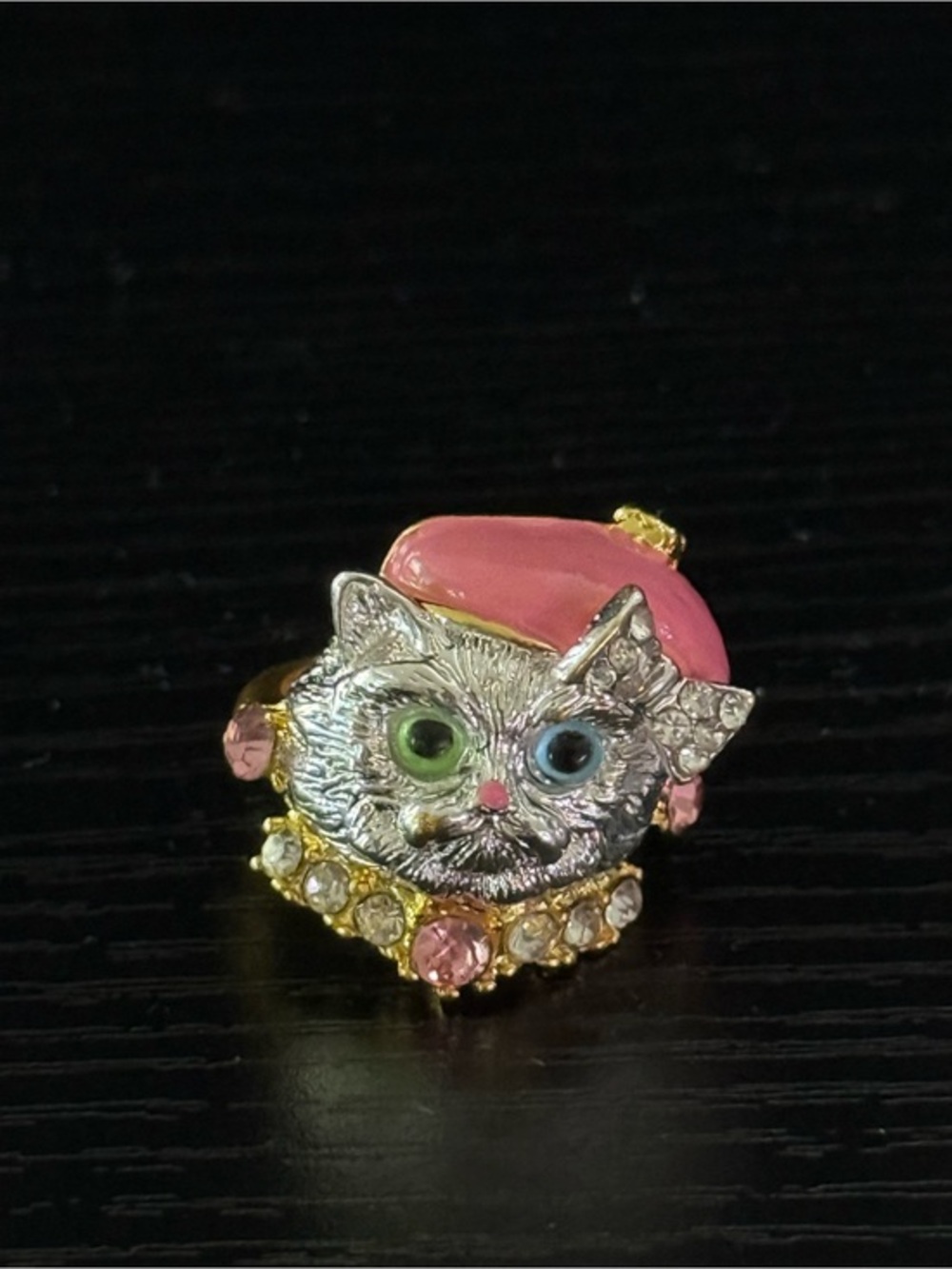 NEW French Cat Beret Ring Rhinestone Kitty Green Blue Eyes Princess Jewelry